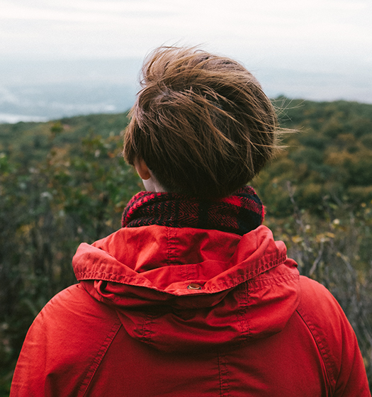 A person in a red coat looking at a forest