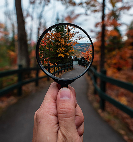 A hand holding a magnifying glass on a path in an outdoor autumnal scene