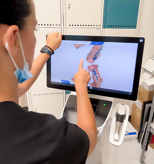 A person pointing to something on a computer screen