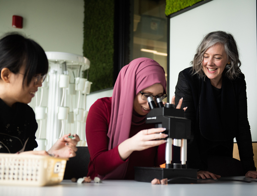 A group of women looking through a microscope