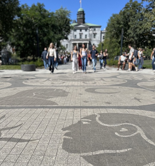 McGill university's campus walkway featuring indigenous art in the foreground and students walking toward the camera.